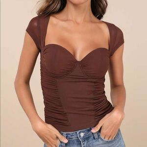 Flirtation Brown Ruched Cutout Short Sleeve Top